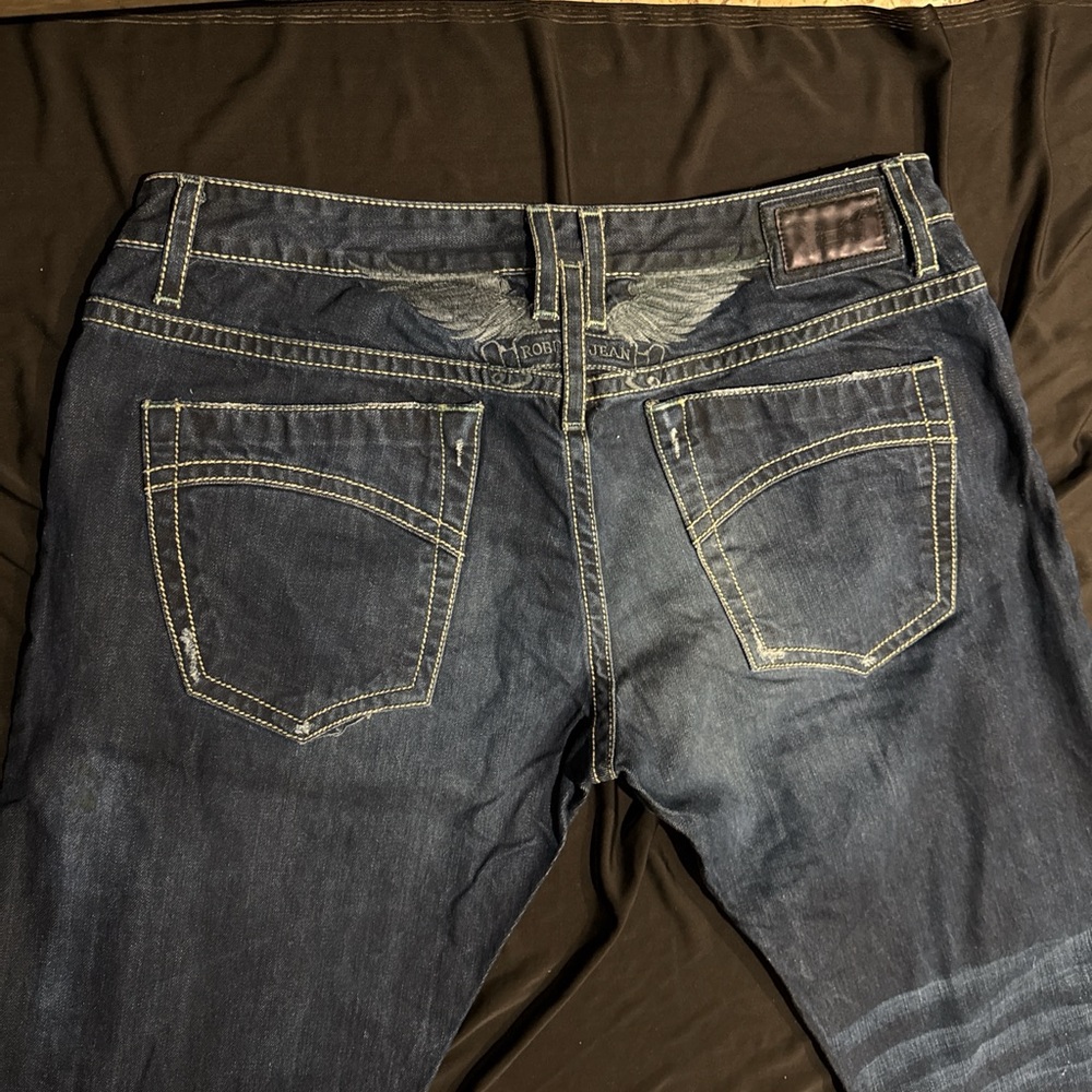Robins Jeans Marlon Patch Blue Embroidered Wings Straight Leg 40